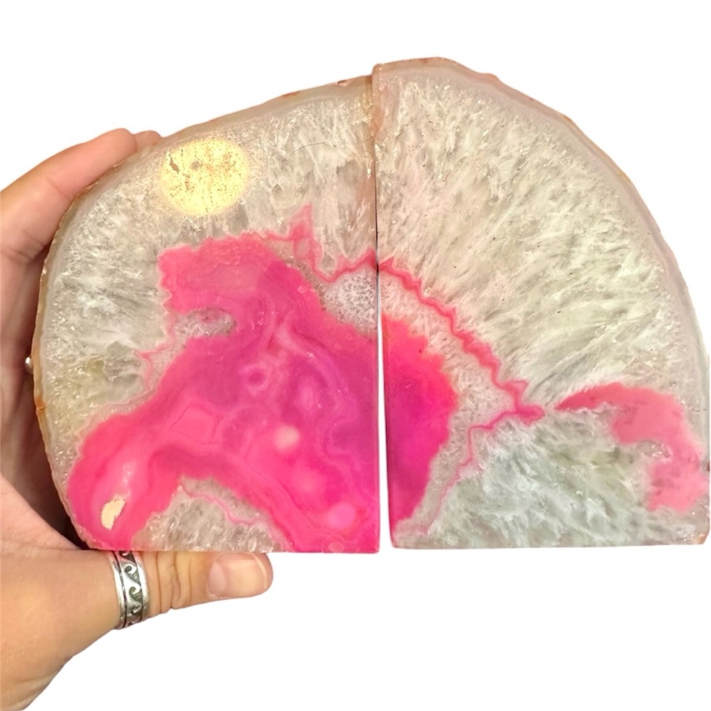 Agate Quartz gemstone crystal *DYED* pink agate quartz bookends pair of 2 heavy